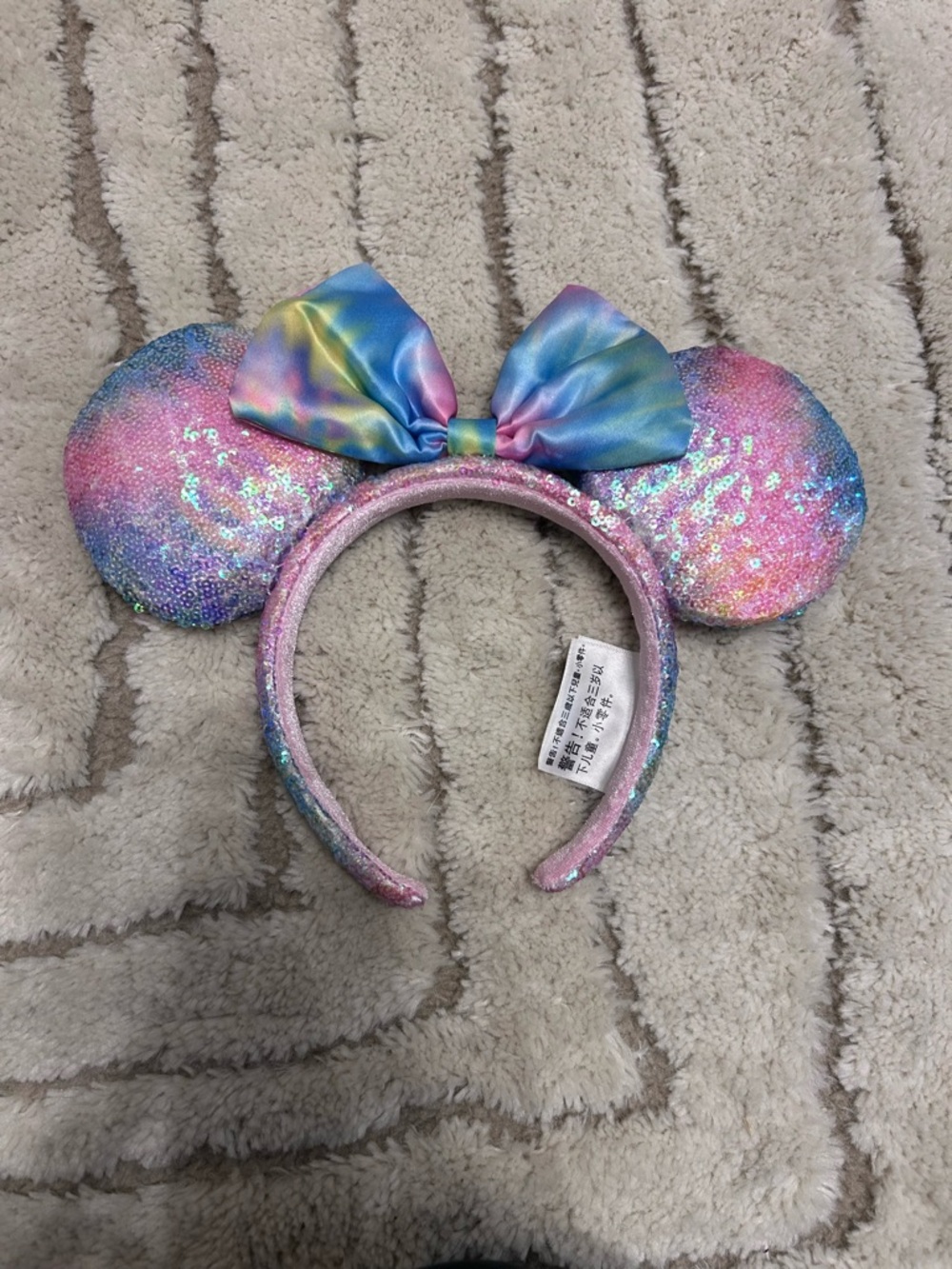 Disney Iridescent Sequin Minnie Mouse Ear Headband with Rainbow Bow